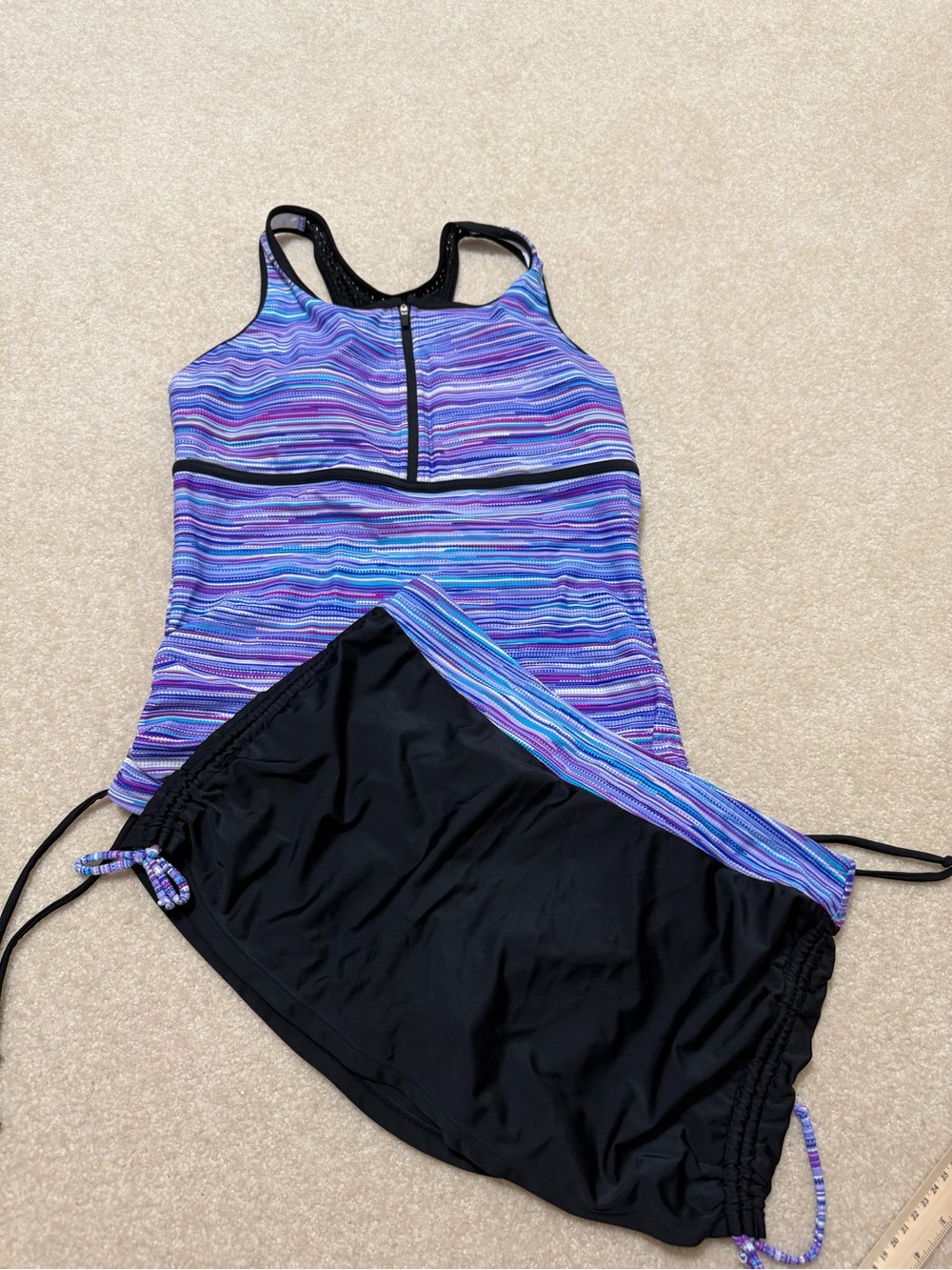 Striped Purple & Blue Tankini with Black Swim Skirt Medium
